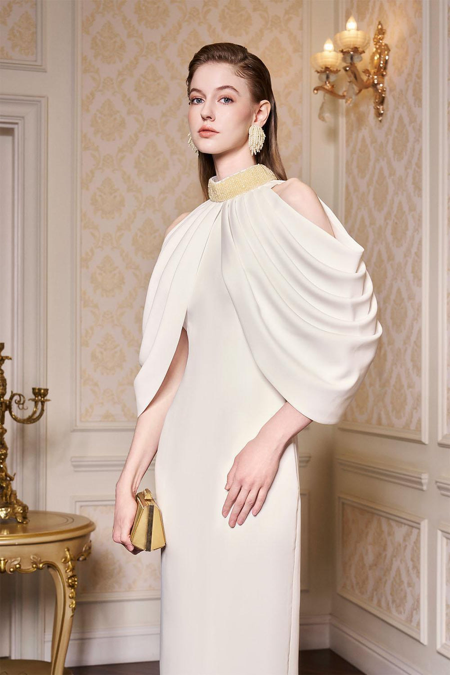 Calliope Sheath Cold Shoulder Sleeved Silk Floor Length Dress Gown Dress I.H.F Atelier