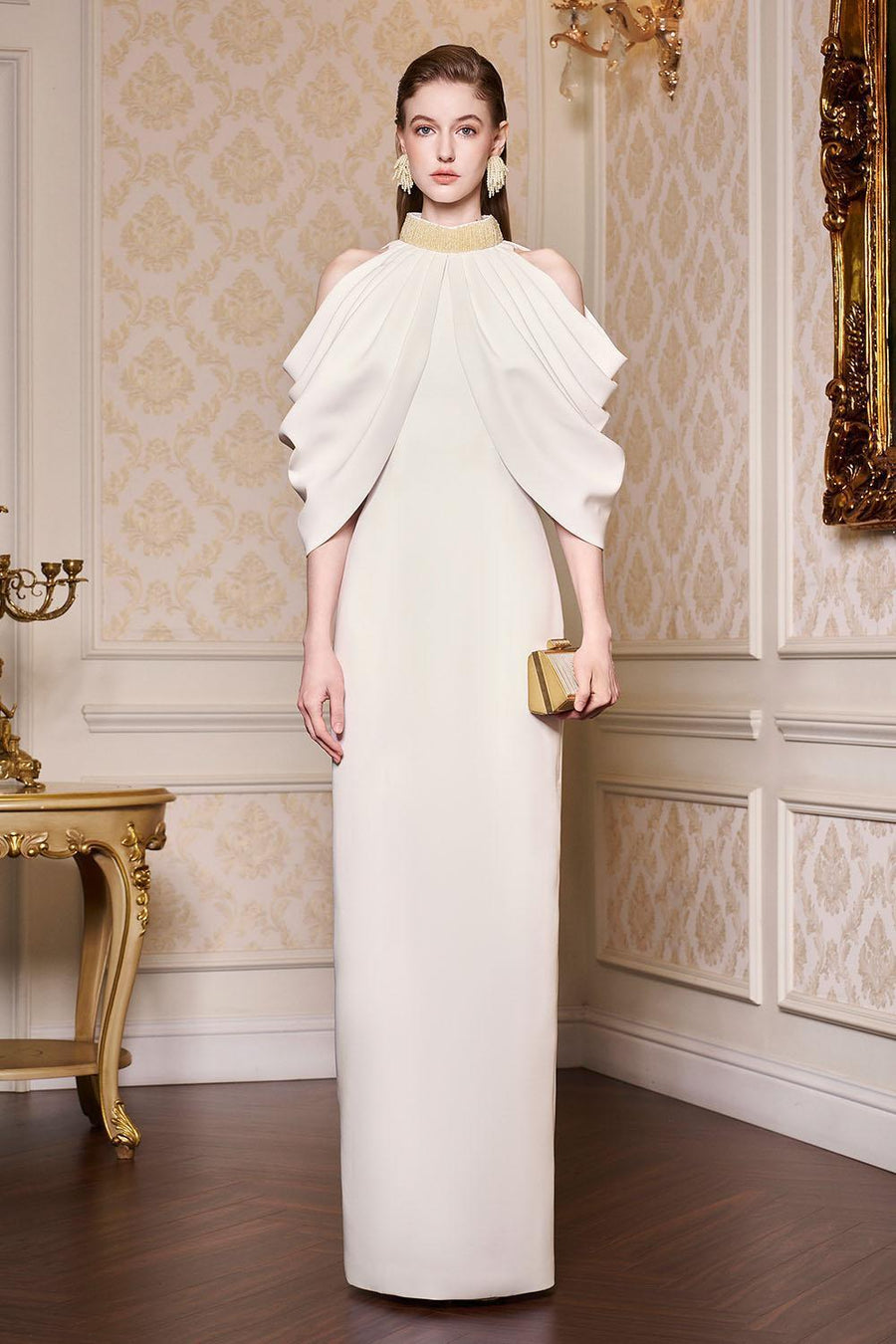 Calliope Sheath Cold Shoulder Sleeved Silk Floor Length Dress Gown Dress I.H.F Atelier