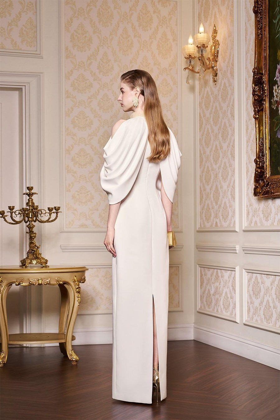 Calliope Sheath Cold Shoulder Sleeved Silk Floor Length Dress Gown Dress I.H.F Atelier