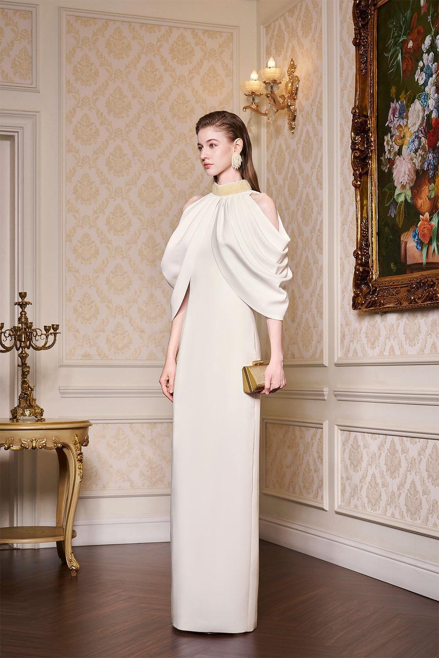 Calliope Sheath Cold Shoulder Sleeved Silk Floor Length Dress Gown Dress I.H.F Atelier