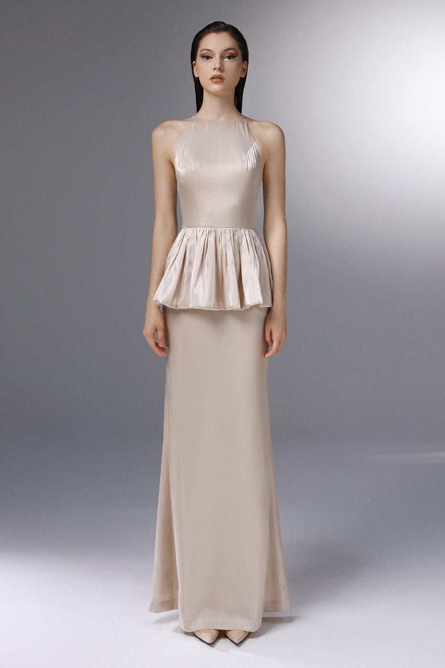 Candlelit Peplum Jewel Neck Silk Floor Length Dress 1