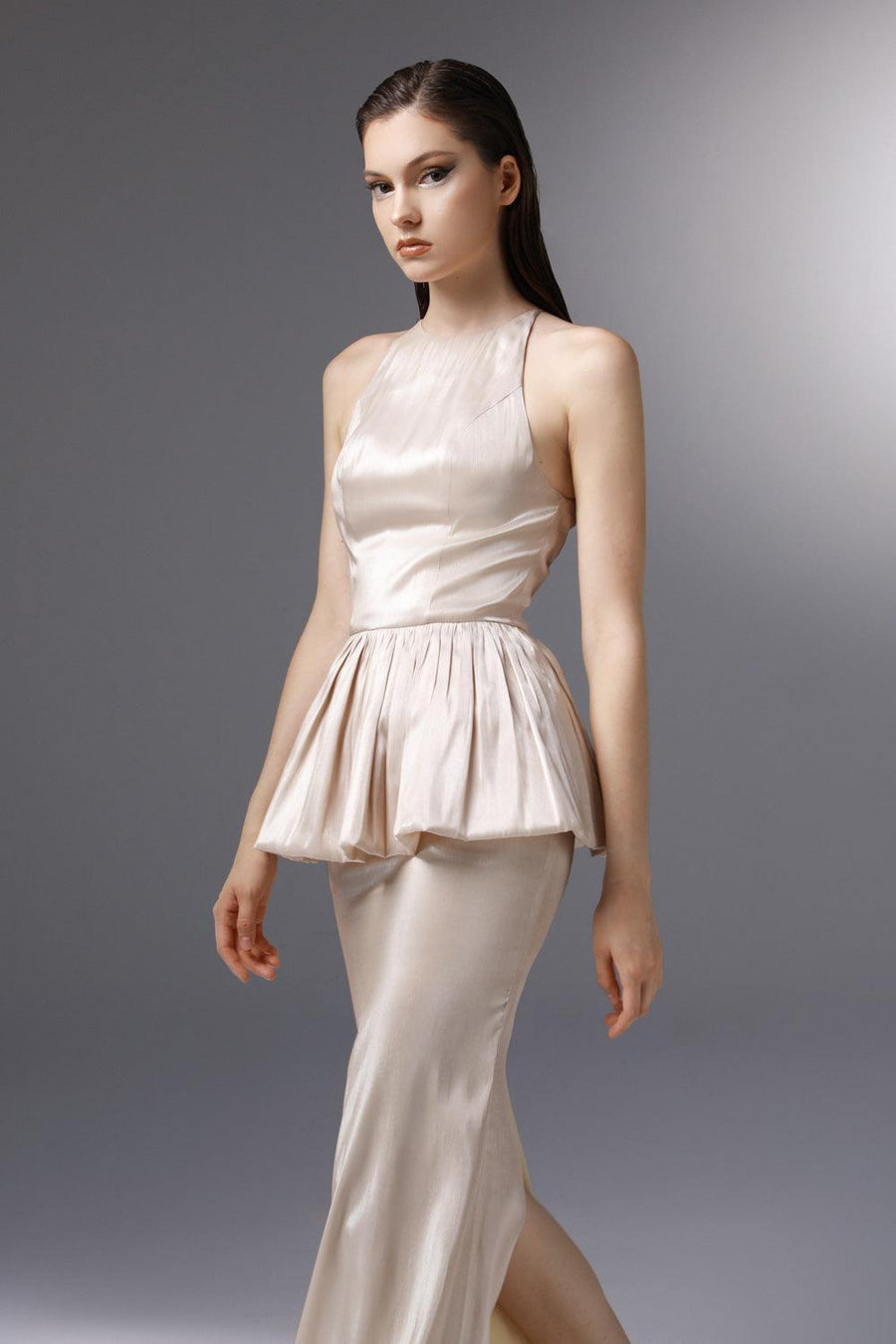 Candlelit Peplum Jewel Neck Silk Floor Length Dress 2