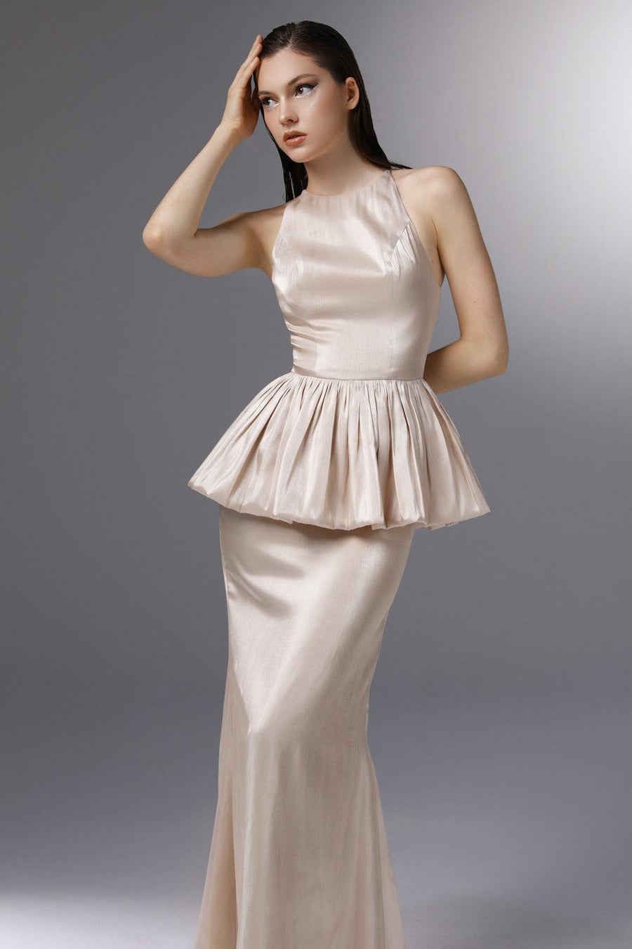 Candlelit Peplum Jewel Neck Silk Floor Length Dress 3