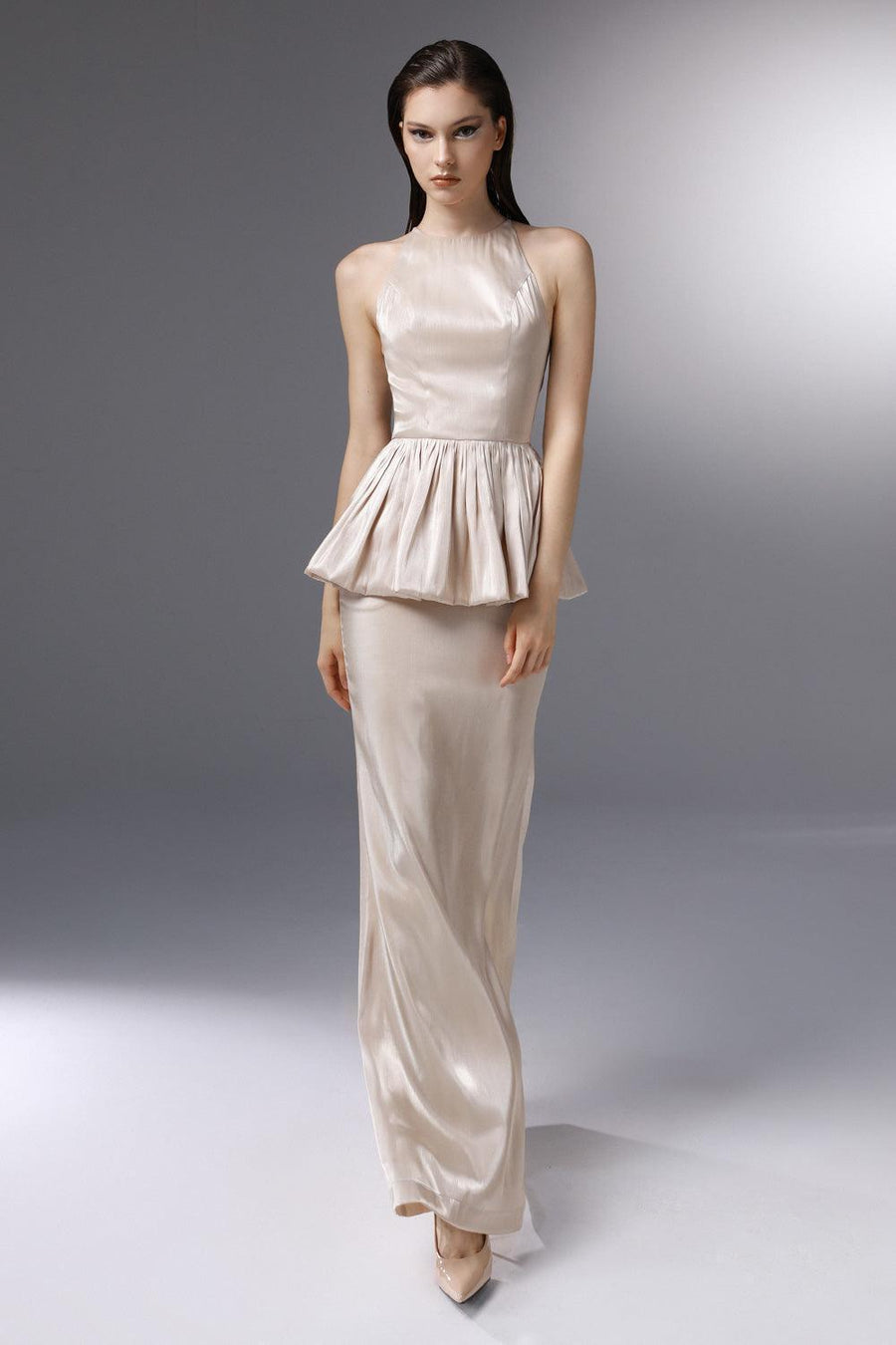 Candlelit Peplum Jewel Neck Silk Floor Length Dress 4