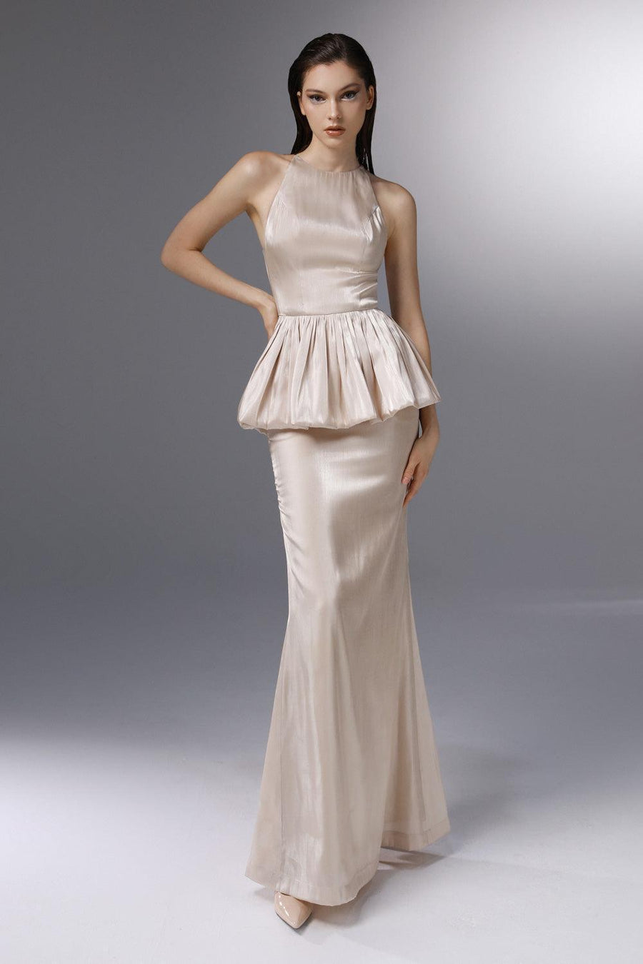 Candlelit Peplum Jewel Neck Silk Floor Length Dress 5