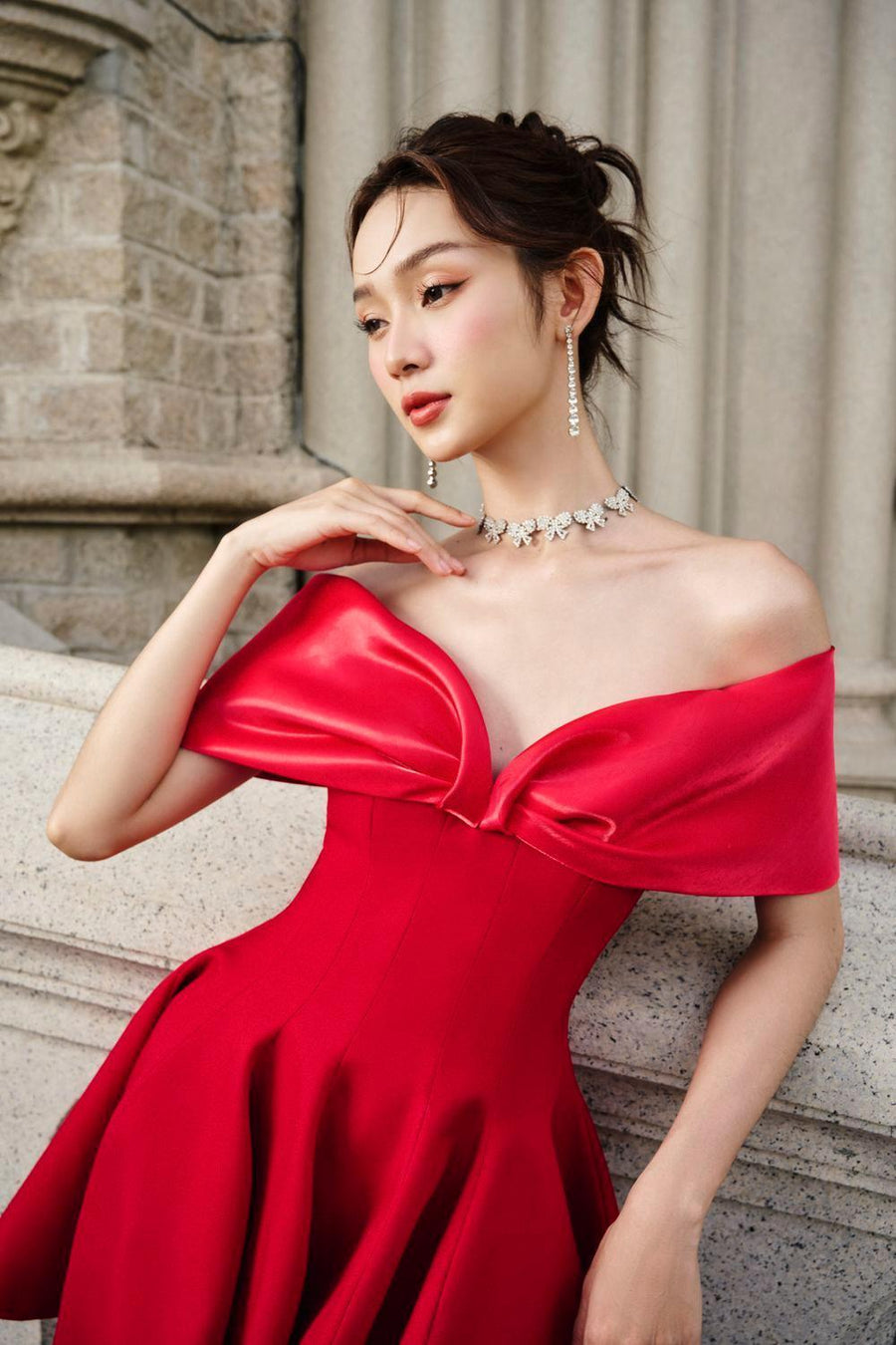 Carina A-line Off-Shoulder Duchess Satin Midi Dress Mini Dress Larmes