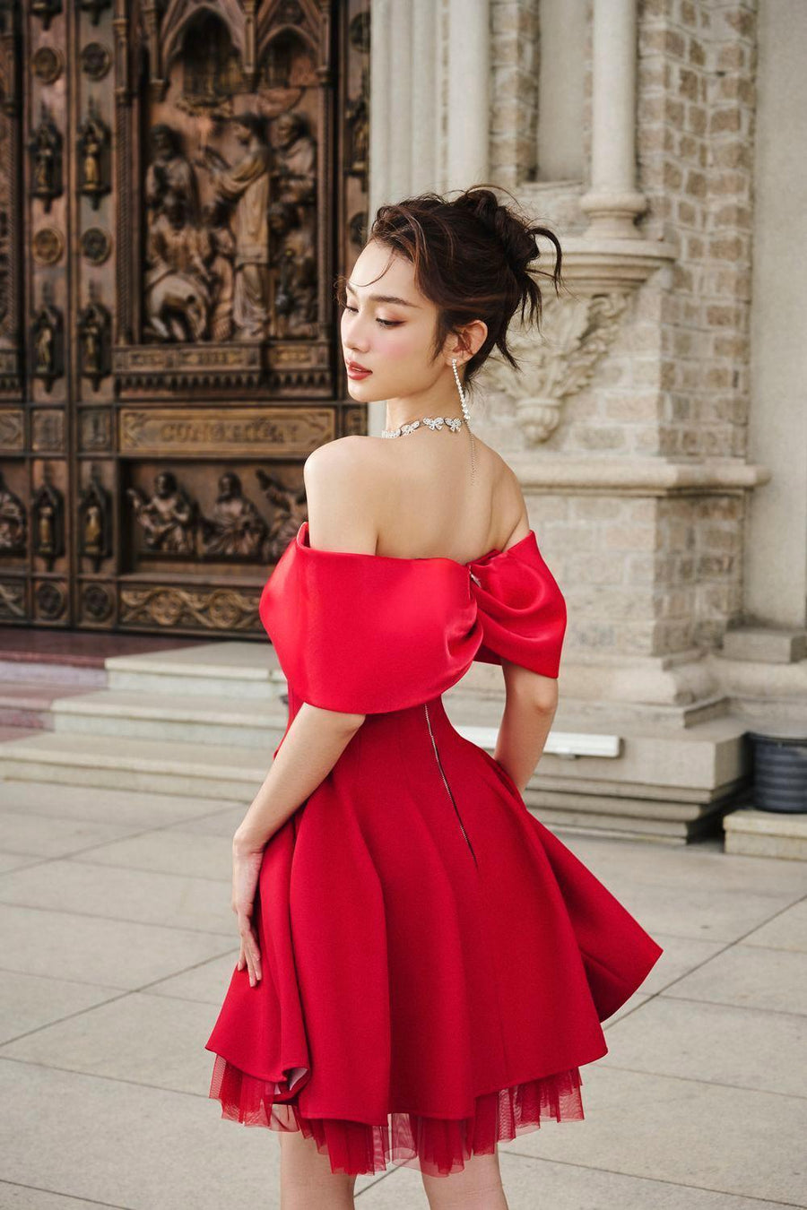 Carina A-line Off-Shoulder Duchess Satin Midi Dress Mini Dress Larmes