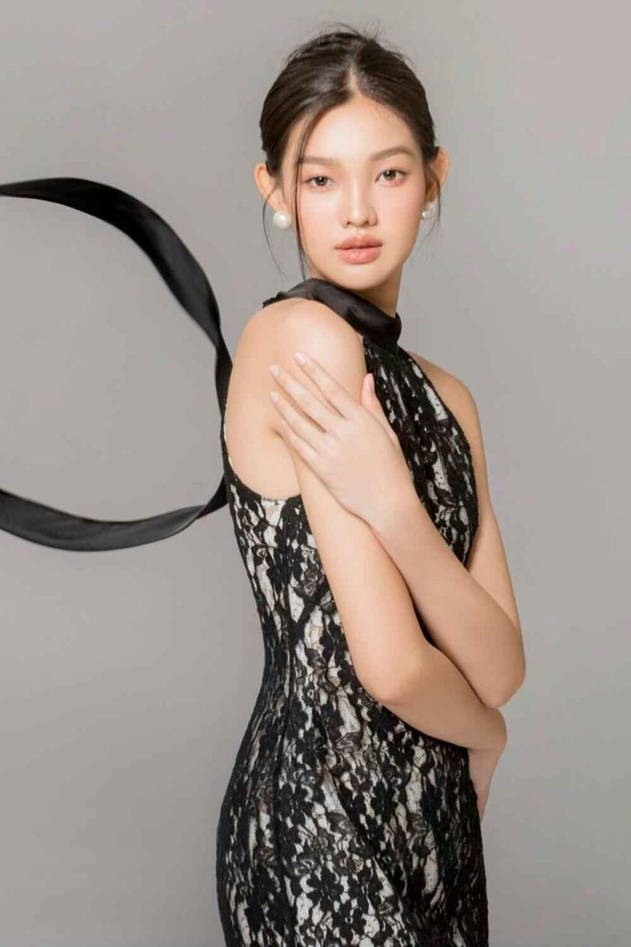 Carly Halter Scarf Neck Lace Ankle Length Dress