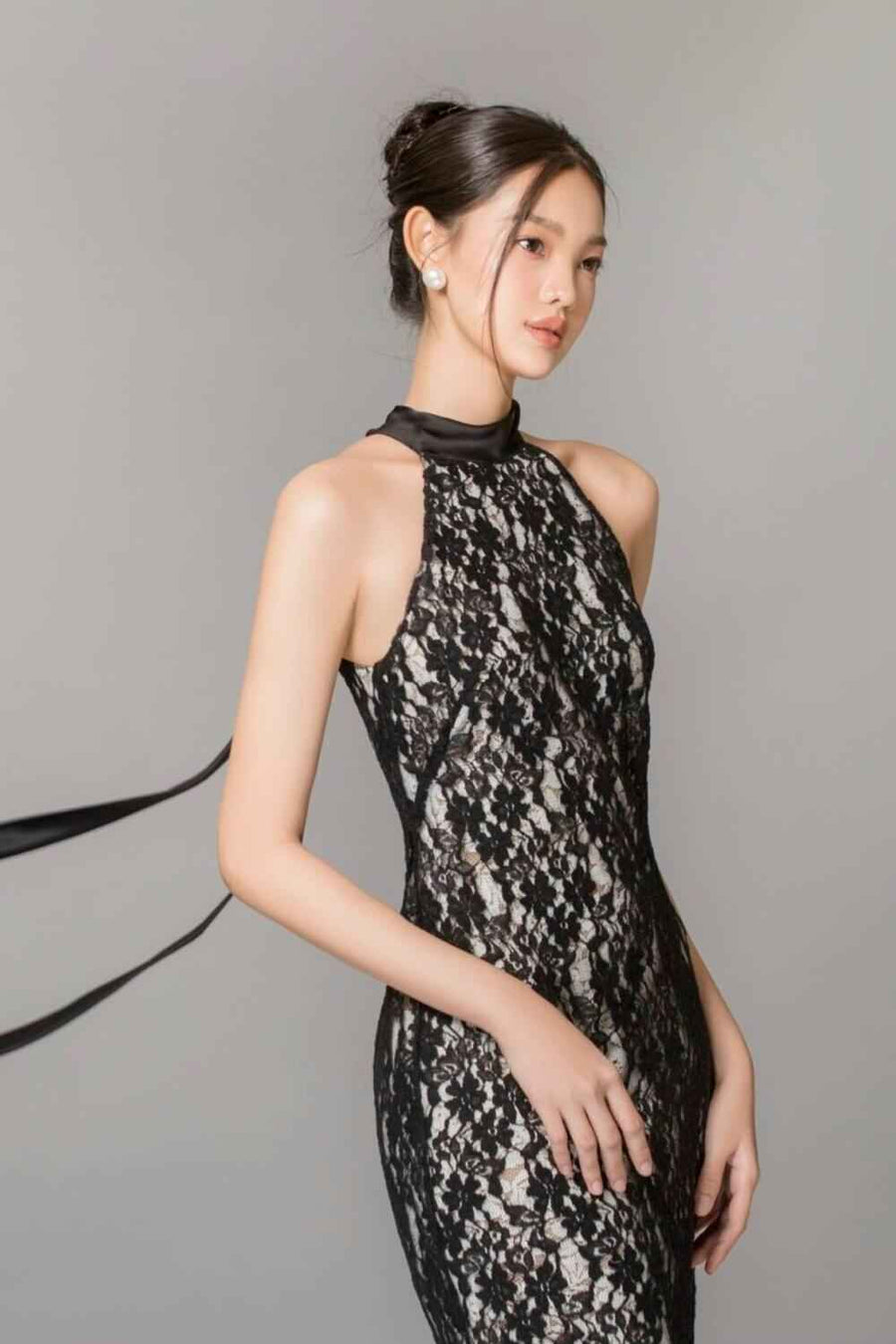Carly Halter Scarf Neck Lace Ankle Length Dress