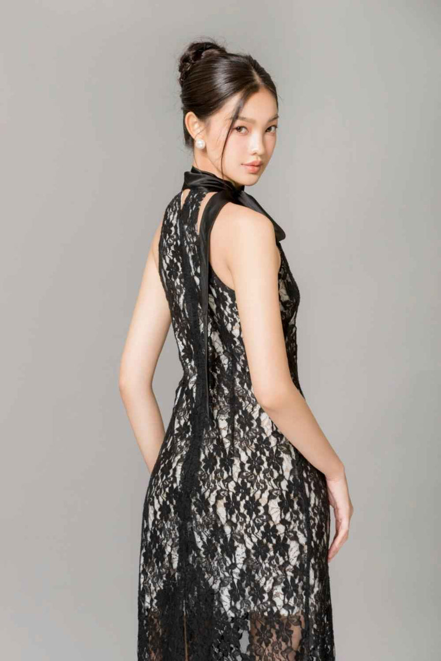 Carly Halter Scarf Neck Lace Ankle Length Dress