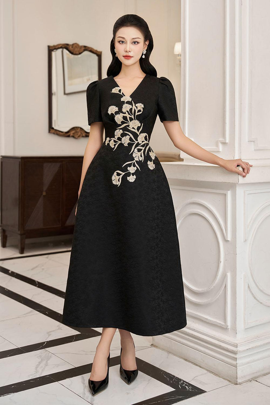 Carnation A-line V-Neck Brocade Midi Dress Midi Dress IVY moda