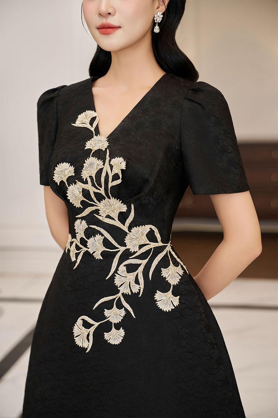 Carnation A-line V-Neck Brocade Midi Dress Midi Dress IVY moda