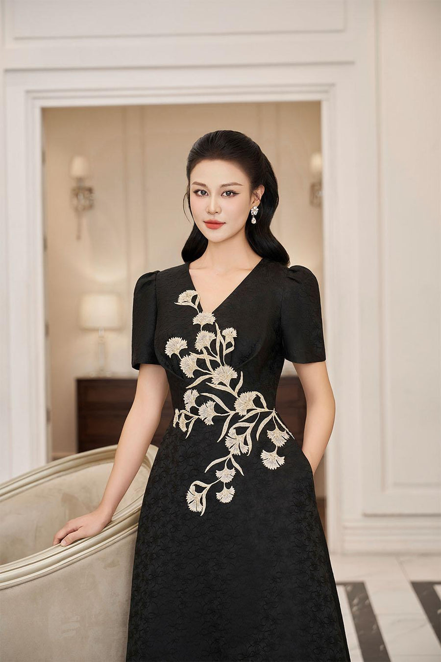 Carnation A-line V-Neck Brocade Midi Dress Midi Dress IVY moda