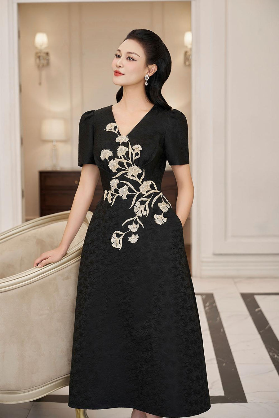 Carnation A-line V-Neck Brocade Midi Dress Midi Dress IVY moda
