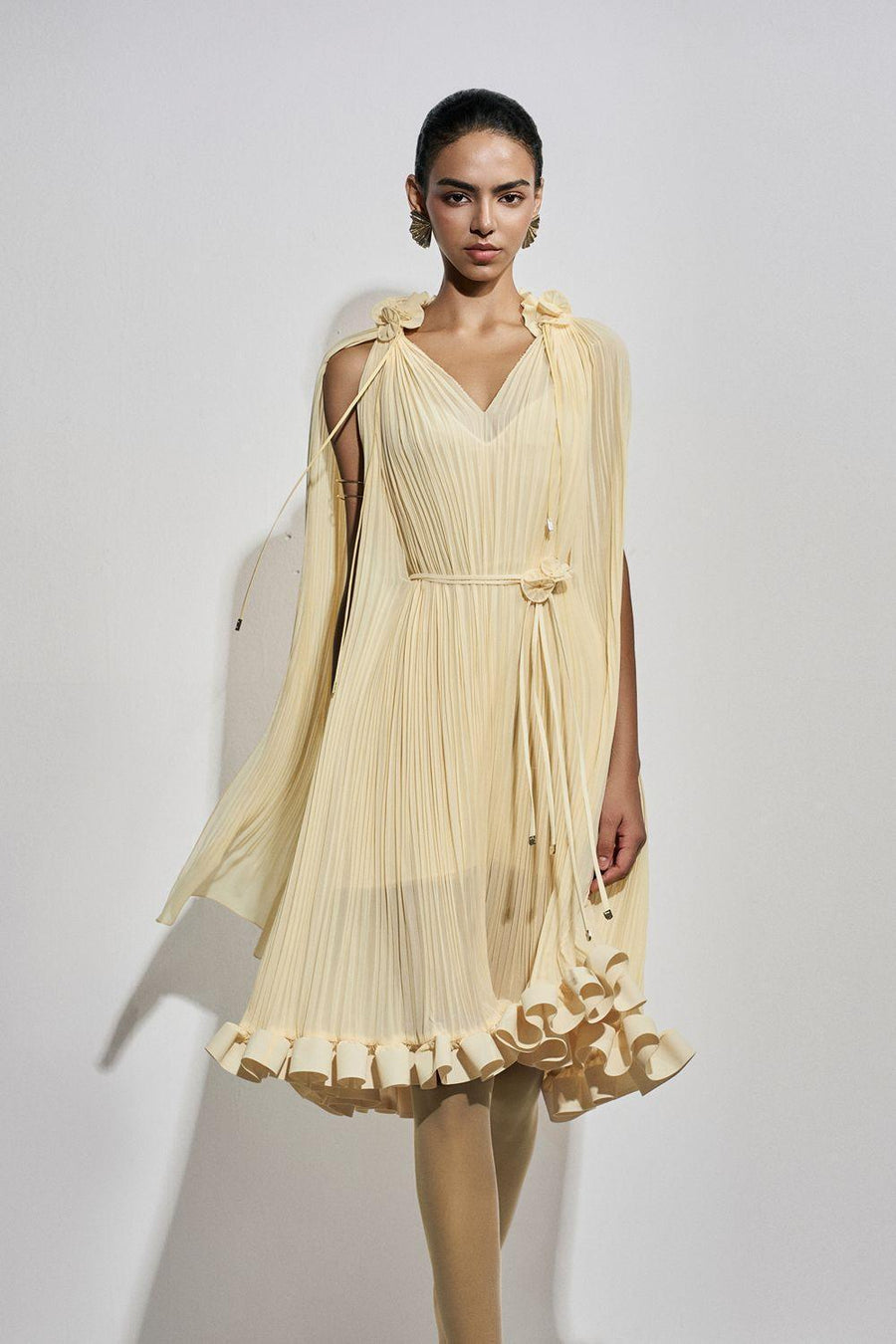 Carnation Drop Waist V-Neck Chiffon Midi Dress Light Yellow Midi Dress Maison des Copains