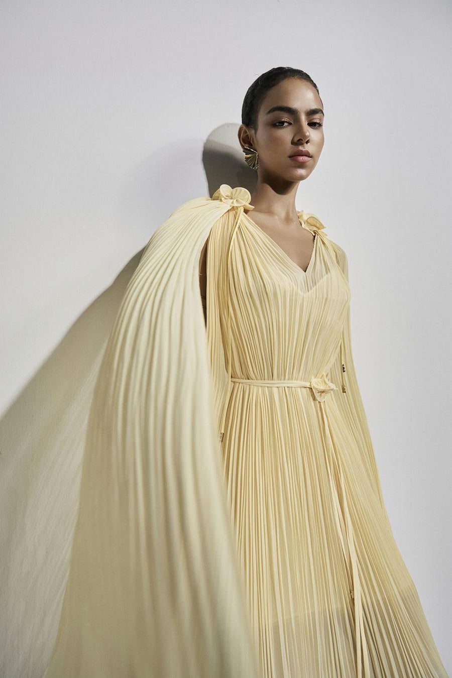 Carnation Drop Waist V-Neck Chiffon Midi Dress S Light Yellow Midi Dress Maison des Copains