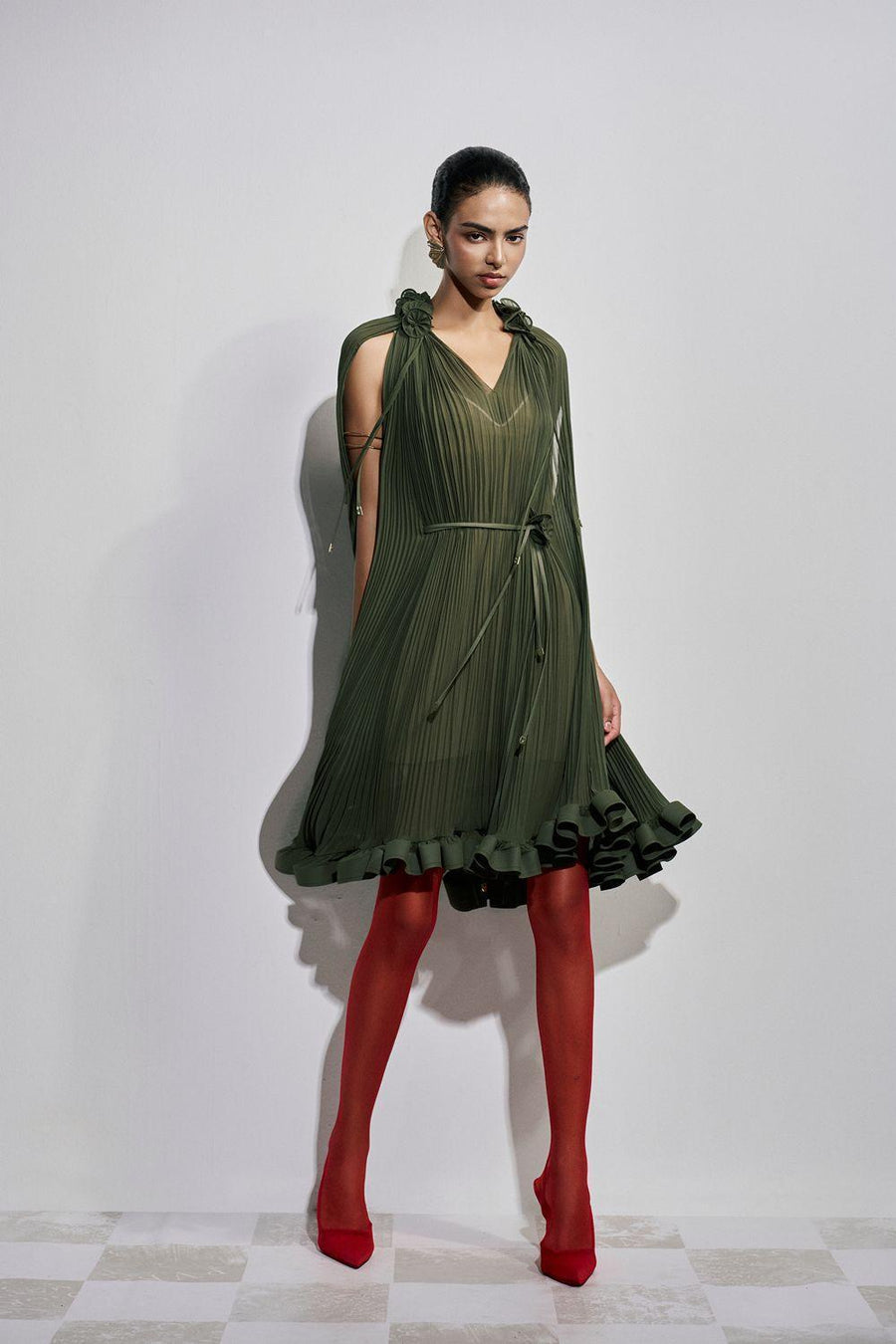 Carnation Drop Waist V-Neck Chiffon Midi Dress S Moss Green Midi Dress Maison des Copains