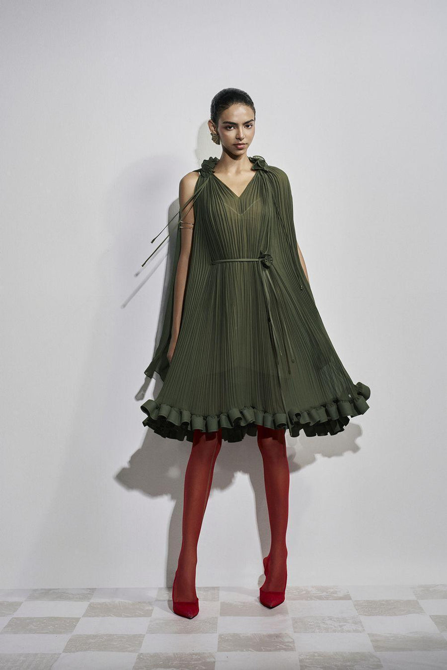 Carnation Drop Waist V-Neck Chiffon Midi Dress Moss Green Midi Dress Maison des Copains
