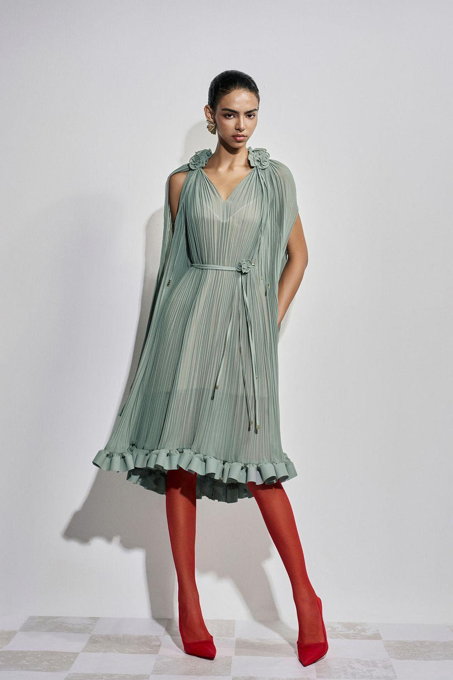 Carnation Drop Waist V-Neck Chiffon Midi Dress Sage Green Midi Dress Maison des Copains