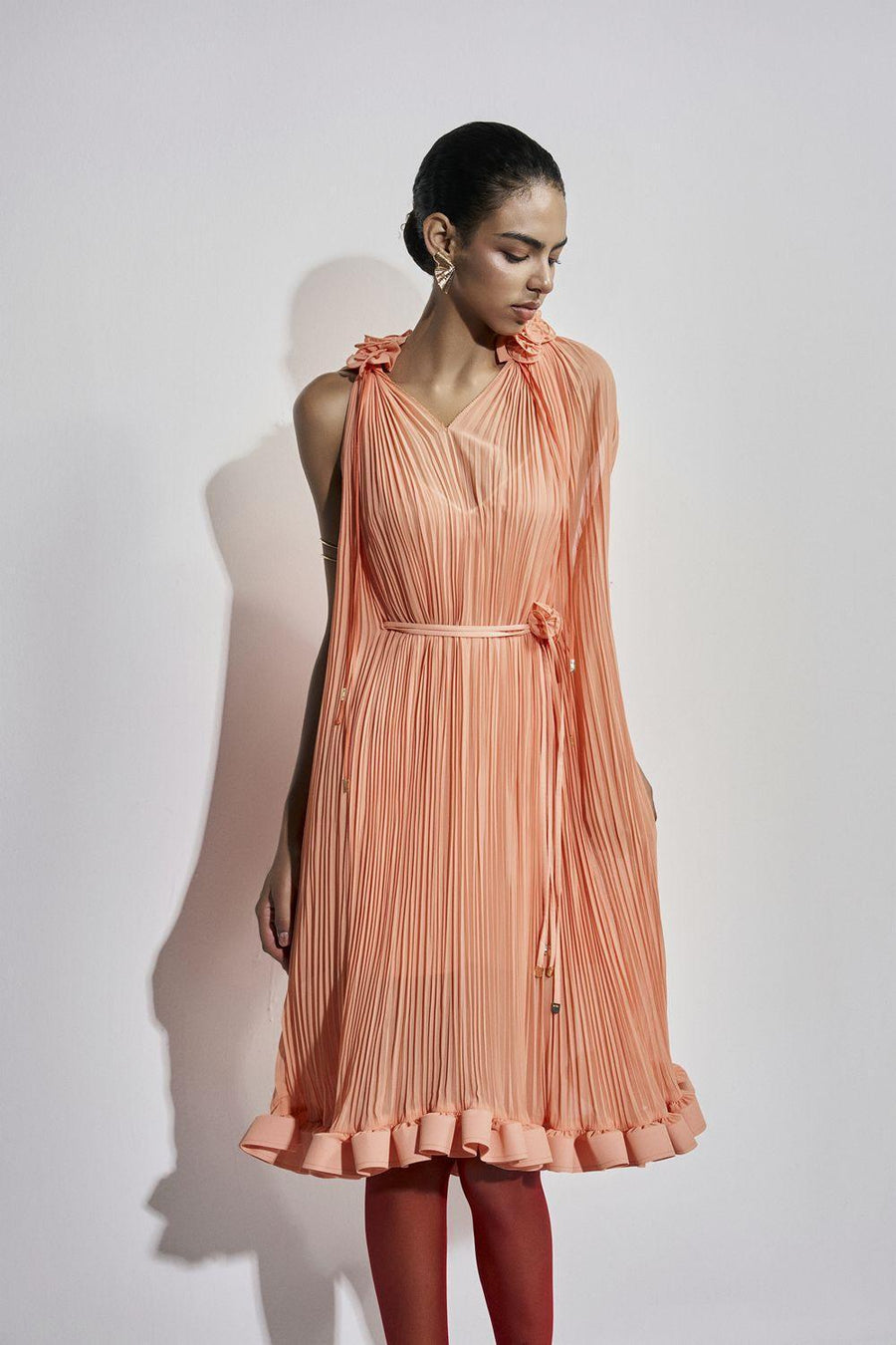 Carnation Drop Waist V-Neck Chiffon Midi Dress Orange Midi Dress Maison des Copains