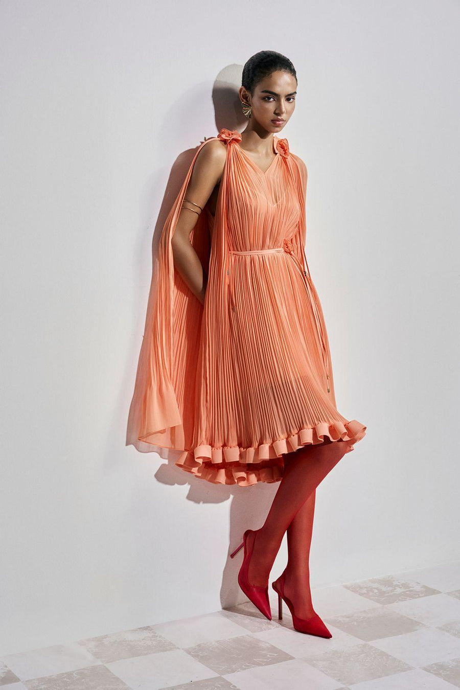 Carnation Drop Waist V-Neck Chiffon Midi Dress M Orange Midi Dress Maison des Copains