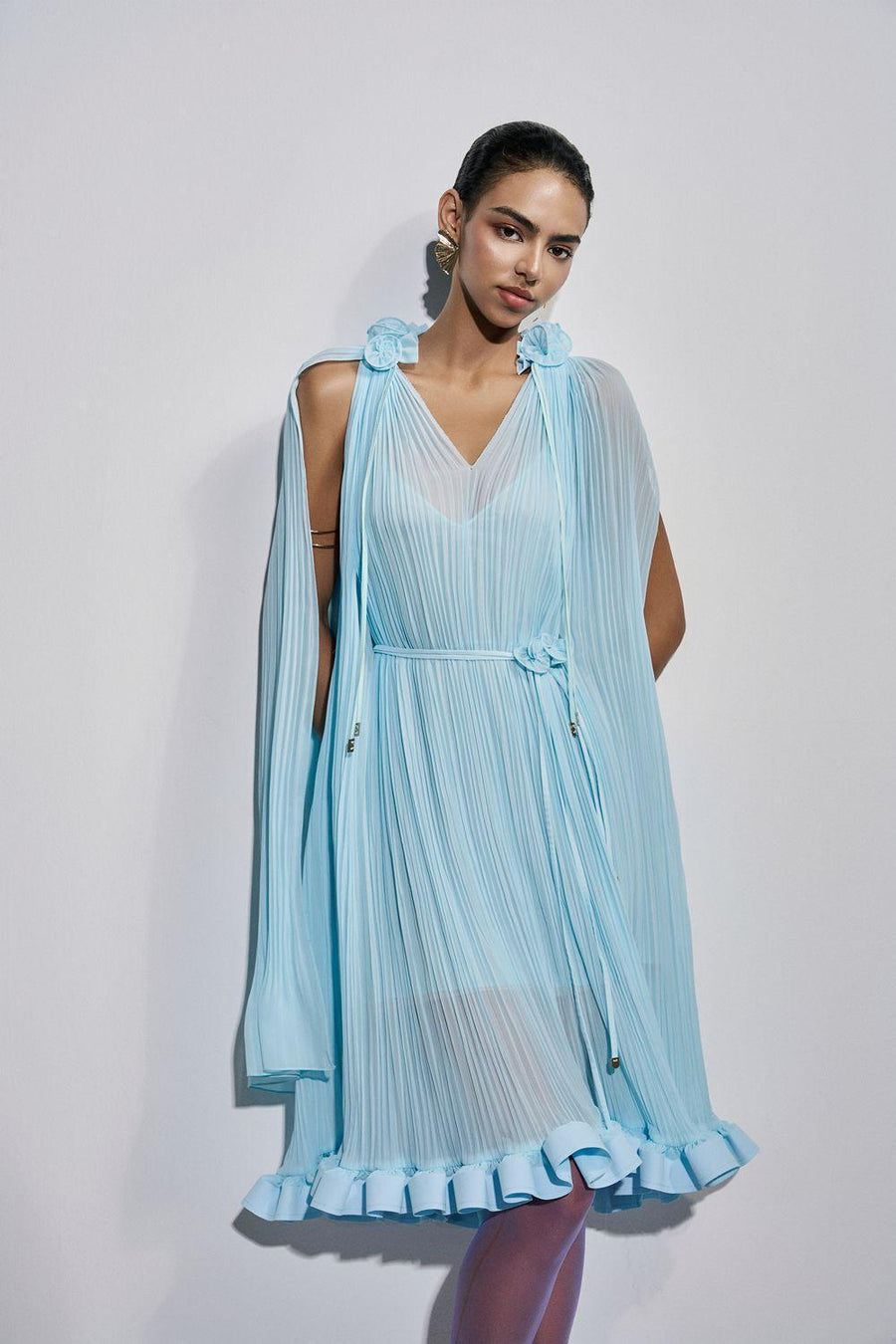 Carnation Drop Waist V-Neck Chiffon Midi Dress Light Blue Midi Dress Maison des Copains