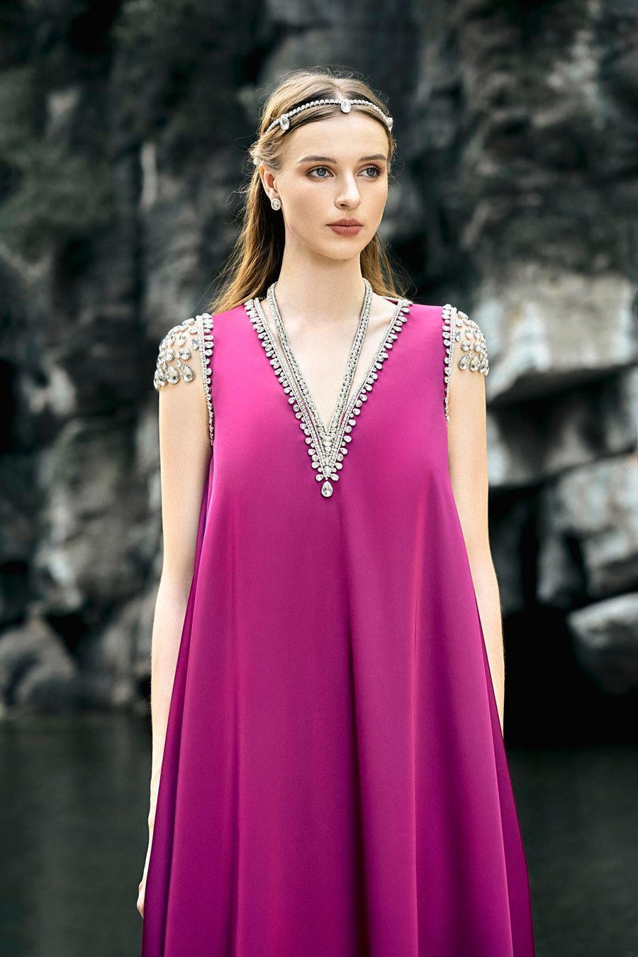 Caroline Trapezoid V-Neck Silk Floor Length Dress 2