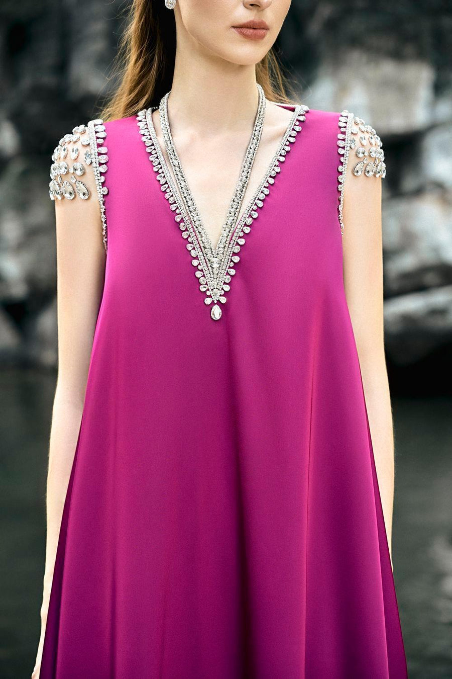 Caroline Trapezoid V-Neck Silk Floor Length Dress 3