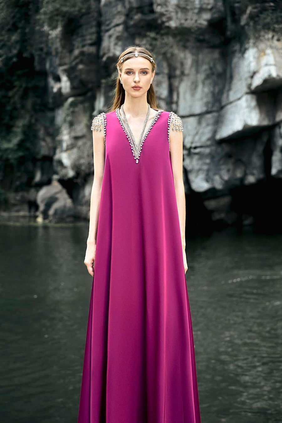 Caroline Trapezoid V-Neck Silk Floor Length Dress 4