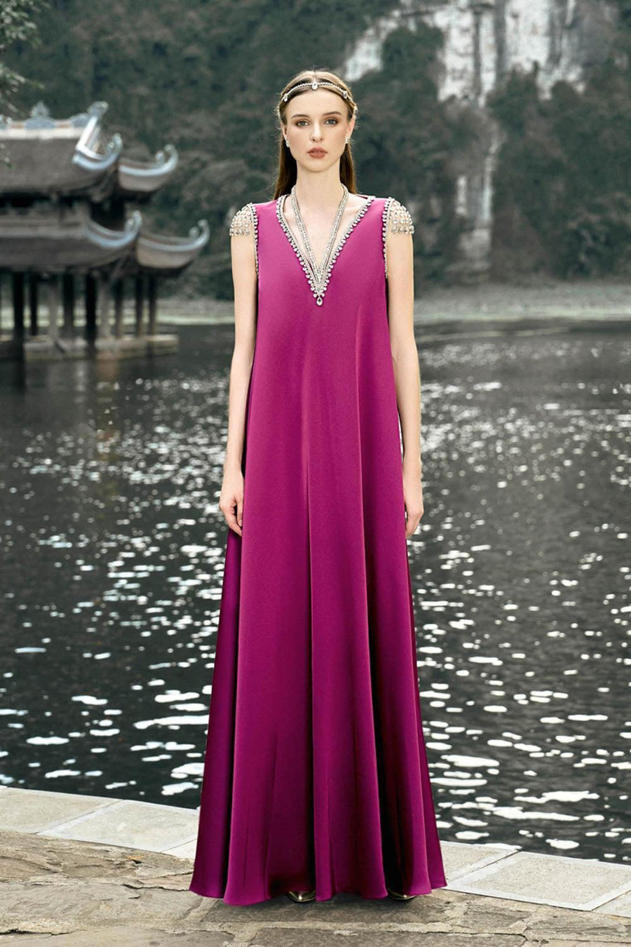 Caroline Trapezoid V-Neck Silk Floor Length Dress 6