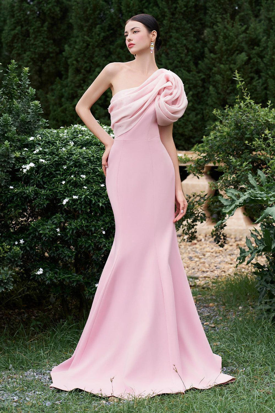 Carrillo Mermaid One Shoulder Silk Crepe Floor Length Dress Light Pink Gown Dress I.H.F Atelier