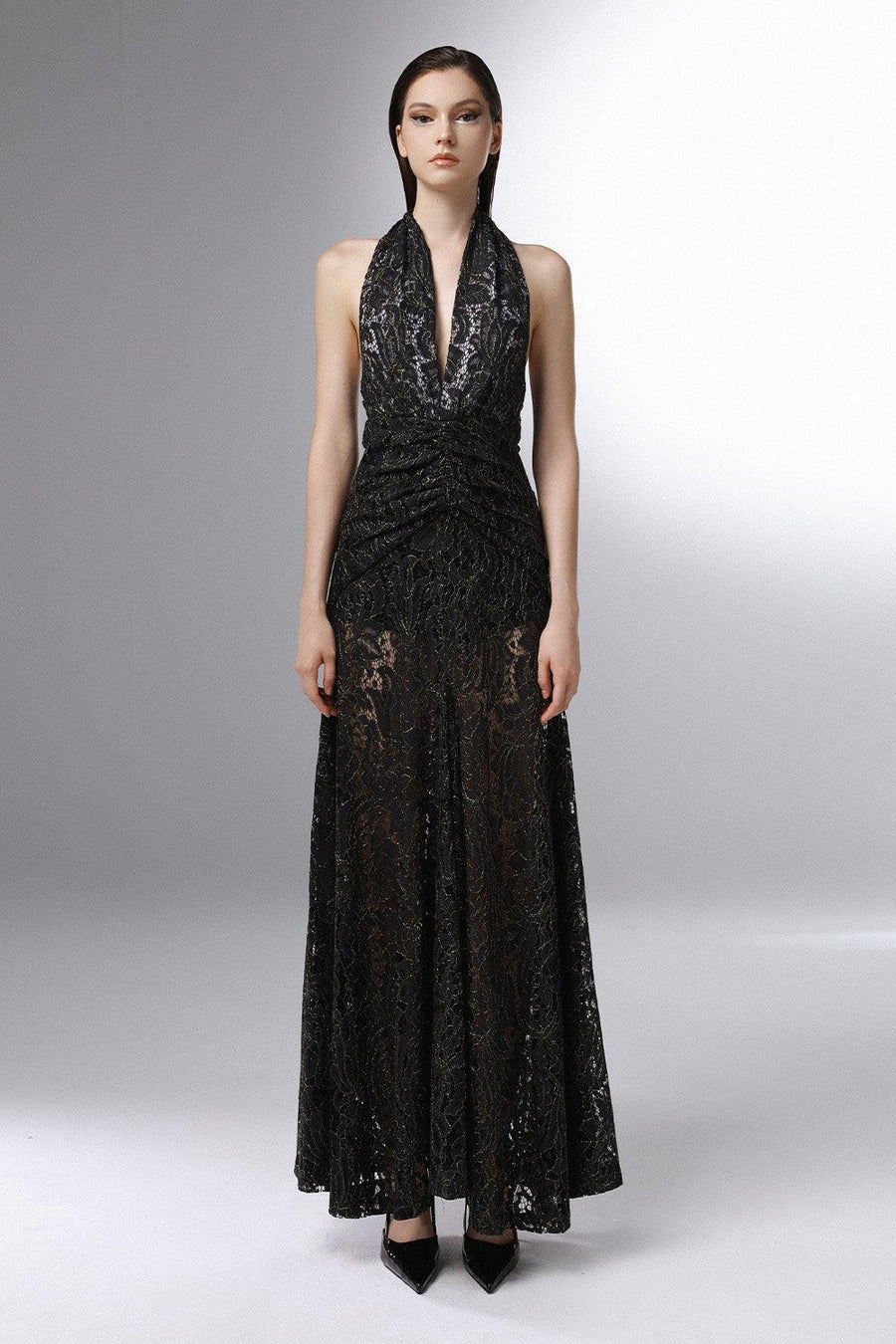 Cascade Halter Waist Pleated Embroidered Lace Ankle Length Dress 1