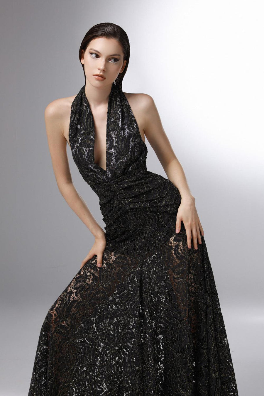 Cascade Halter Waist Pleated Embroidered Lace Ankle Length Dress 3