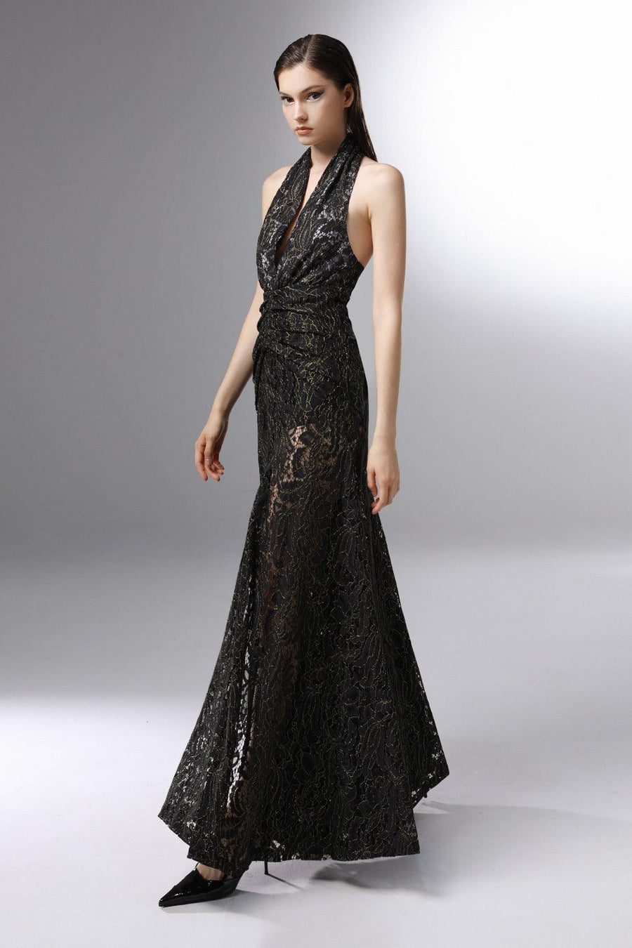Cascade Halter Waist Pleated Embroidered Lace Ankle Length Dress 5