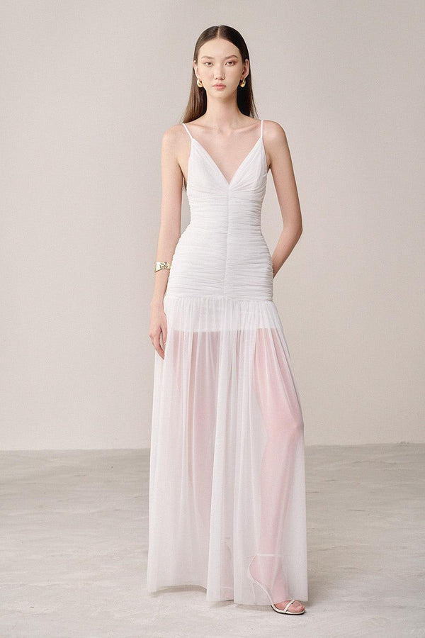 Casei Drop Waist Spaghetti Strap Organza Spandex Maxi Dress