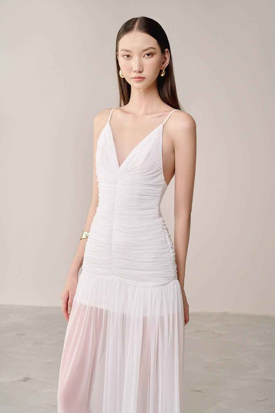 Casei Drop Waist Spaghetti Strap Organza Spandex Maxi Dress