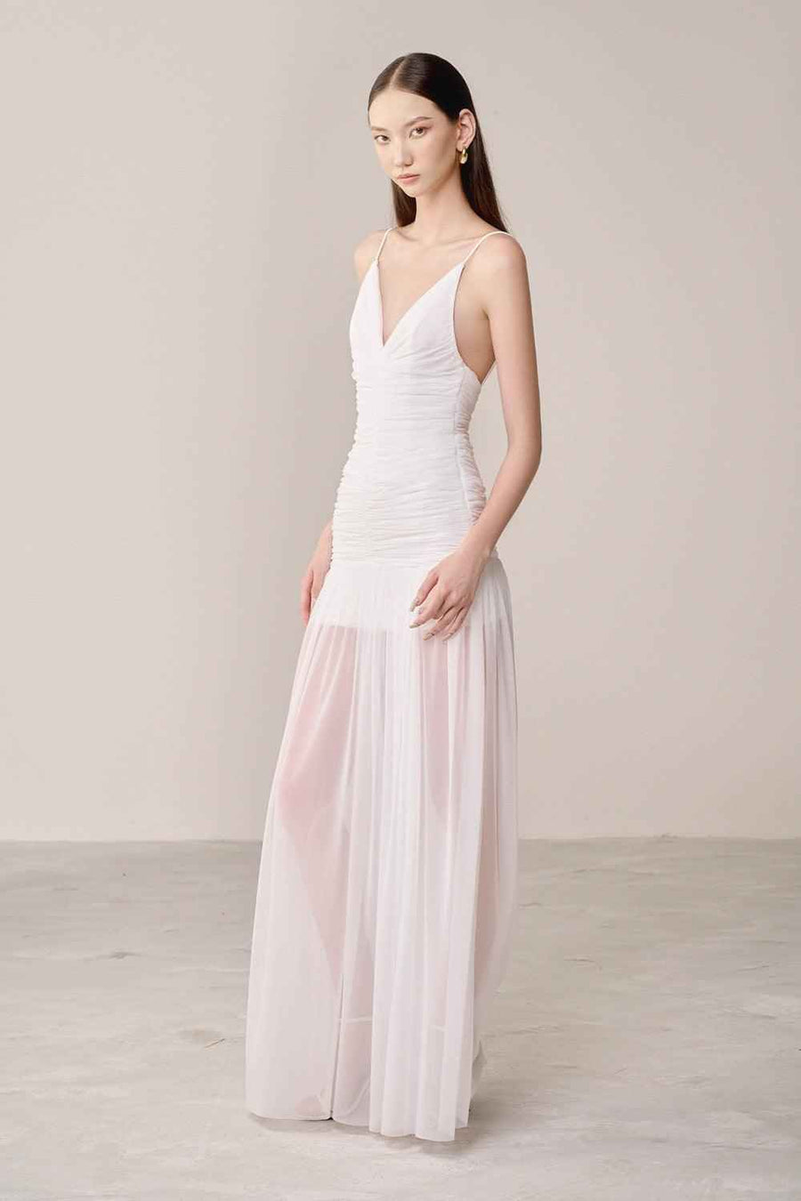 Casei Drop Waist Spaghetti Strap Organza Spandex Maxi Dress