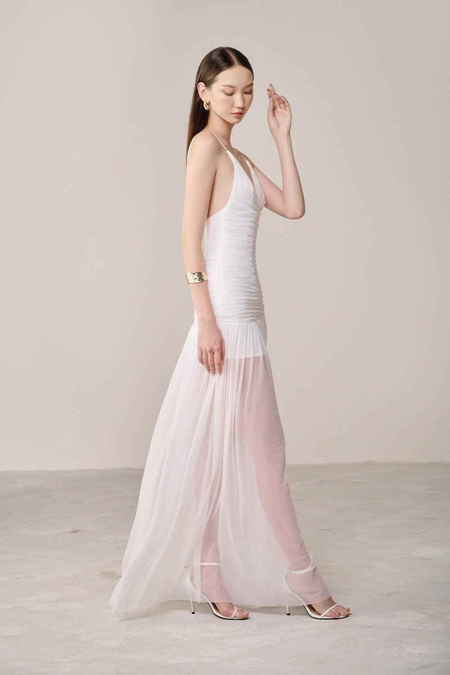 Casei Drop Waist Spaghetti Strap Organza Spandex Maxi Dress