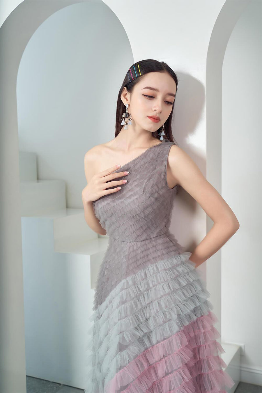Catacomb Fit and Flare One Shoulder Mesh Sheer Midi Dress 13