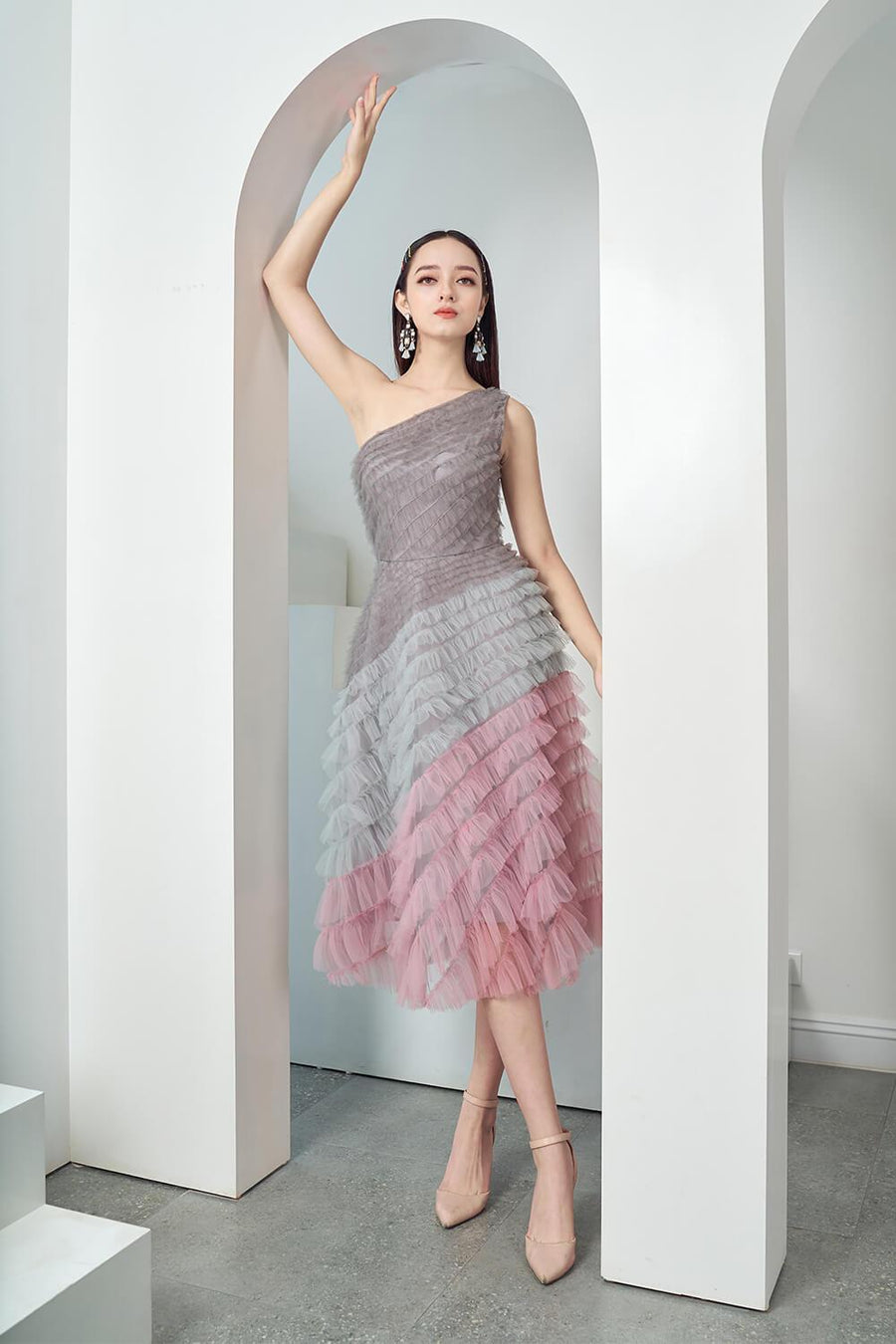 Catacomb Fit and Flare One Shoulder Mesh Sheer Midi Dress 15