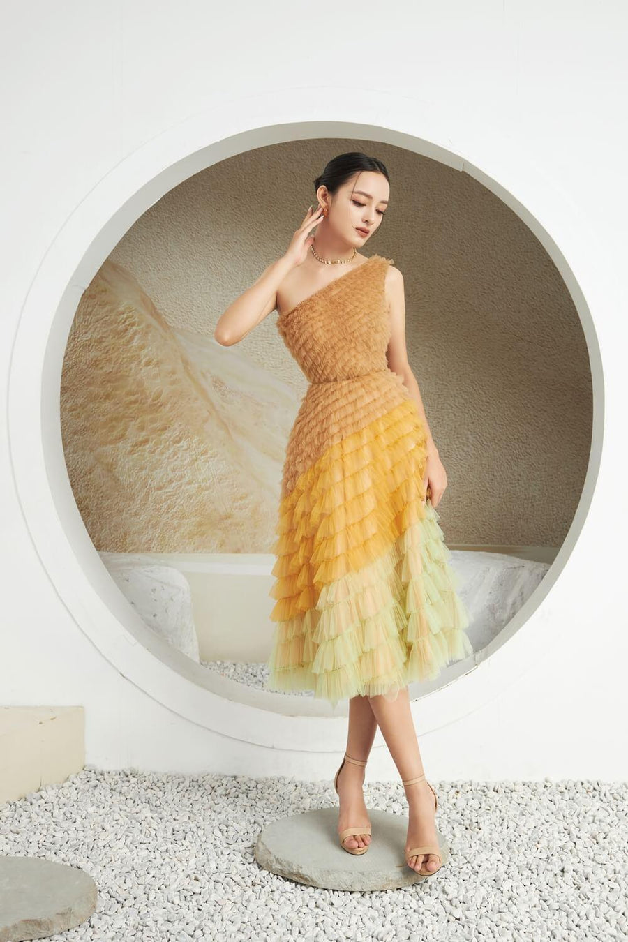 Catacomb Fit and Flare One Shoulder Mesh Sheer Midi Dress 3