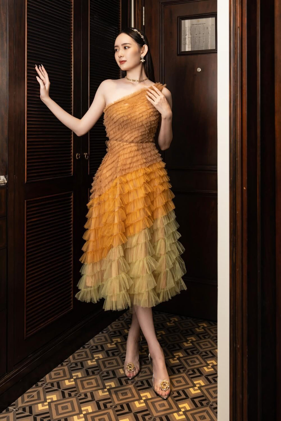 Catacomb Fit and Flare One Shoulder Mesh Sheer Midi Dress 6