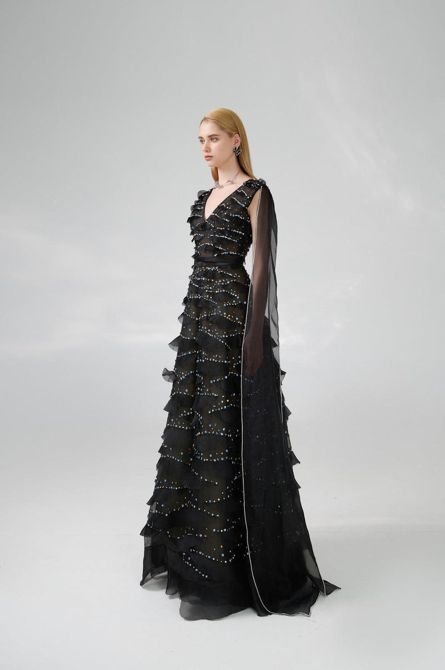 Cecelia Cape V-Neck Organza Floor Length Dress 6