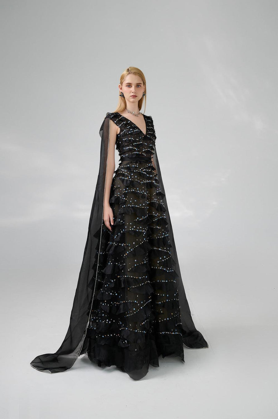 Cecelia Cape V-Neck Organza Floor Length Dress 7