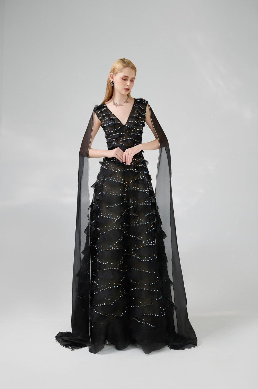 Cecelia Cape V-Neck Organza Floor Length Dress 8