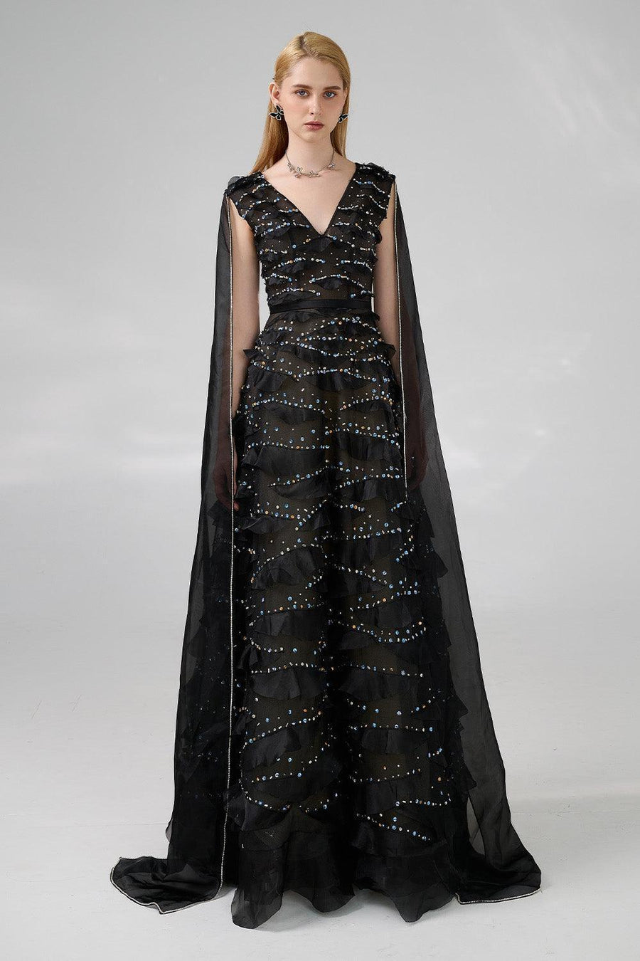 Cecelia Cape V-Neck Organza Floor Length Dress 9