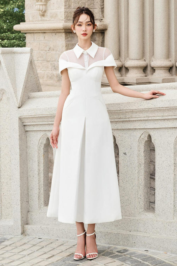 Cecilia A-line Collared Neck Twill Midi Dress