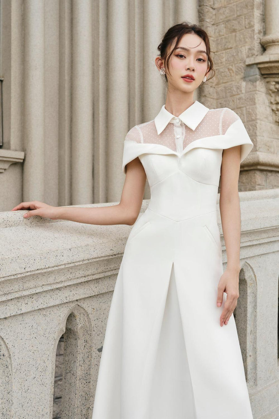 Cecilia A-line Collared Neck Twill Midi Dress Midi Dress Larmes
