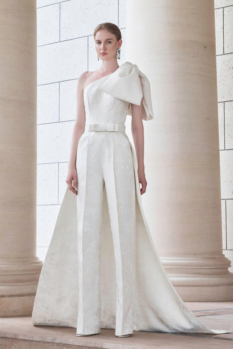 Celeste Straight One Shoulder Jacquard Floor Length Jumpsuit White Jumpsuit I.H.F Atelier