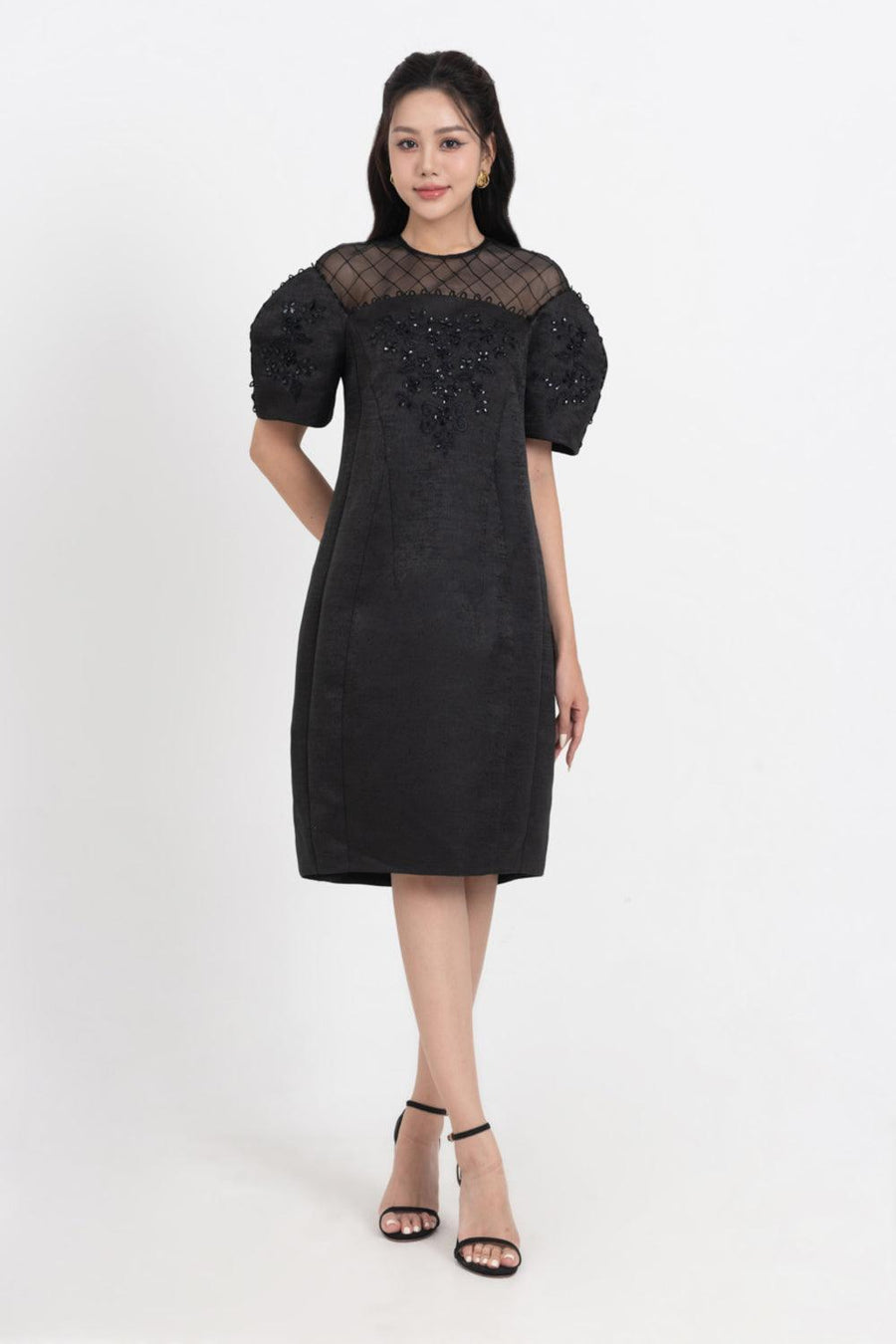 Celestia Cocoon Round Neck Taffeta Below The Knee Dress 10
